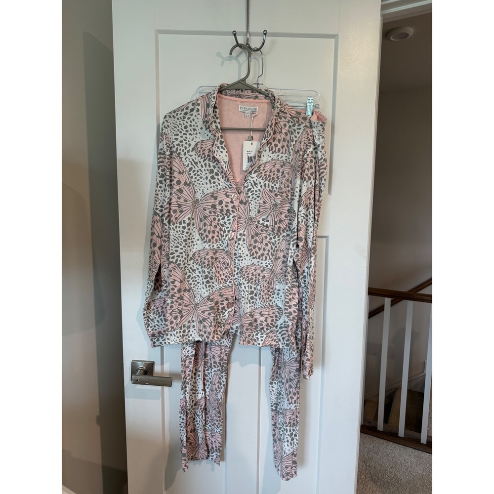 PJ Salvage Womens XL Butterfly Leopard Pajama Set Blush Pink Grey RCPLPJ New